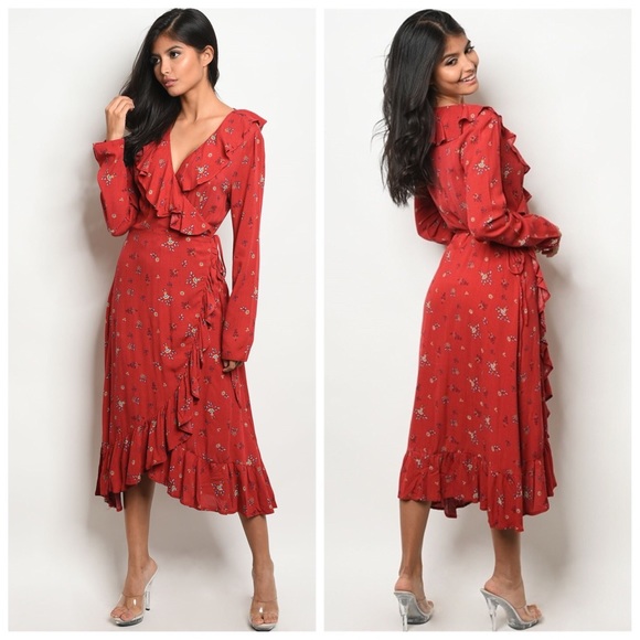 Blancheaux Dresses & Skirts - Red floral long sleeve midi wrap dress